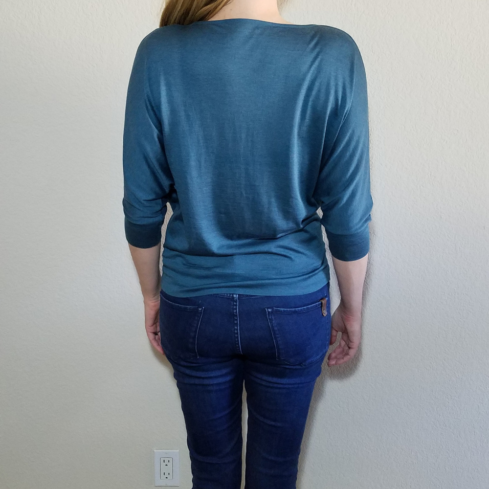 Eileen Fisher Silk Blue Top Cowl Neck 3/4 Sleeve Cotton Women's Teal Blouse XS - Picture 5 of 6